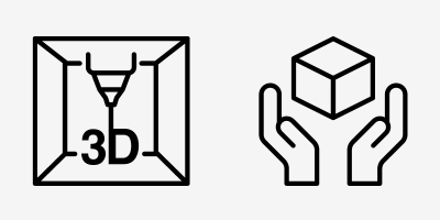 Icones de l'étape 2 du processus de commande Icone impression 3d et icone envoi du colis